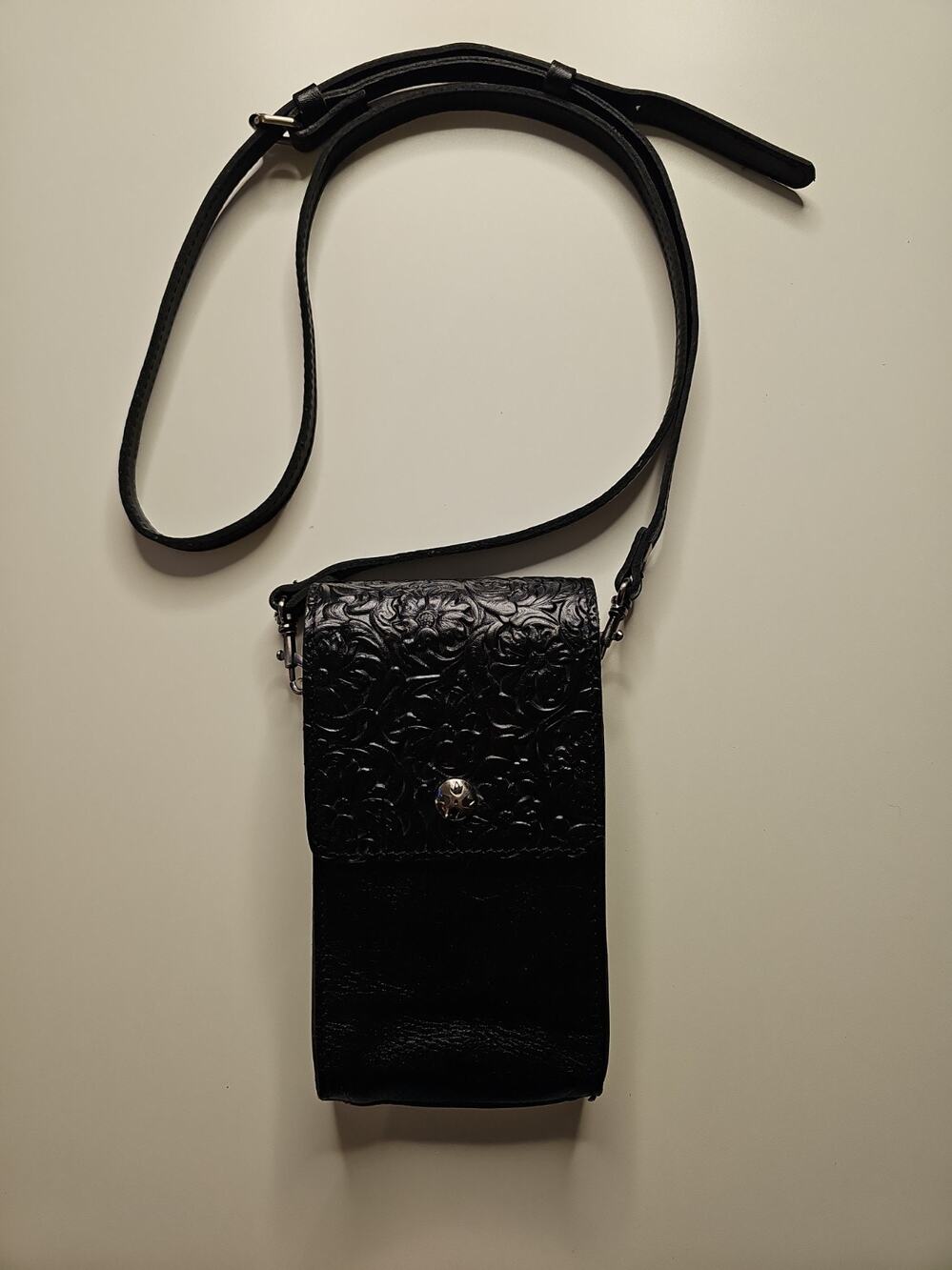 Patricia Nash Black Tooled Leather Phone Crossbody Bag Floral Western Boho